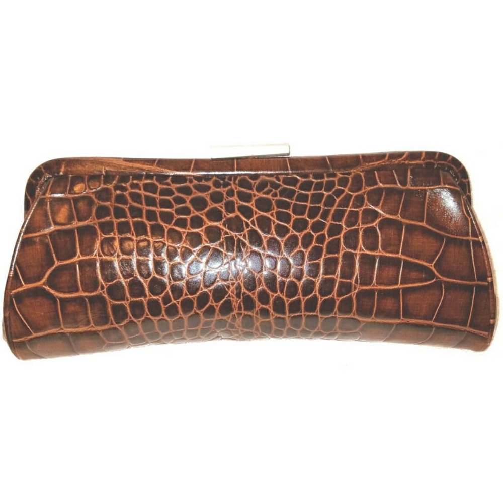 Joan and David brown Croc embossed leather clutch handbag